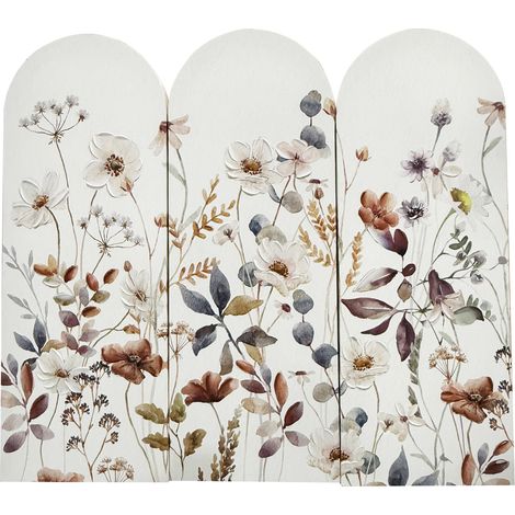 Set de 3 lienzos a modo tríptico con flores de colores sobre fondo blanco, 72x52cm