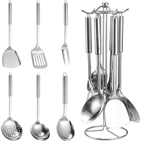 Stainless Steel Kitchen Utensils, Kitchen Accessory Set with Stand Ladle, Skimmer, Spatula, Pie Server, Fork, Rice Spoon (1/5)