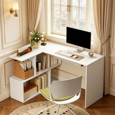 Bureau d'angle 120x100x76 cm avec rangement, bureau informatique en L avec étagères et support clavier coulissant, Panneau de particules, blanc (1/5)
