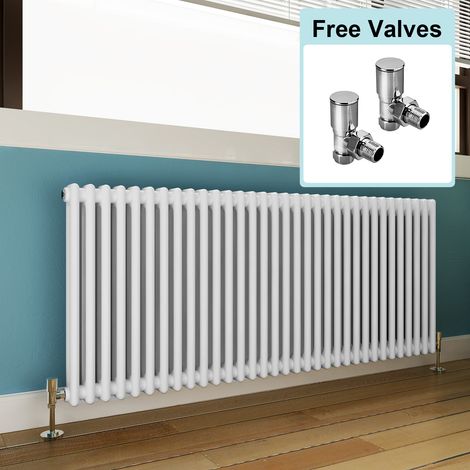 ELEGANT 600 x 1505 mm Traditional Column Radiators Horizontal Double Panel Cast Iron Central Heating Rads + Angled Radiator Valves (1/5)