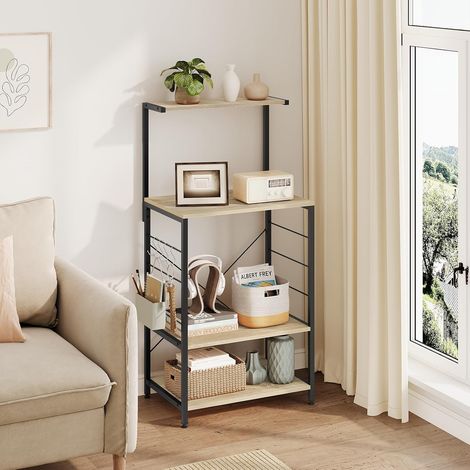 WOLTU Scaffale per Cucina in Acciaio Legno 4 Ripiani Ganci Carrello Microonde Legno+Nero (1/5)