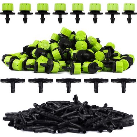 100pcs Green Adjustable Irrigation Drippers + 100pcs Tee Hose Joints Automatic Drip Irrigation System Micro Sprinklers Drippers for Plant Greenhouse DIY Garden (1/5)