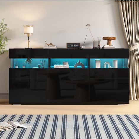 Buffet de salon 3 portes avec LED et zones en acrylique transparent, 140x40,5x66,5 cm, noir