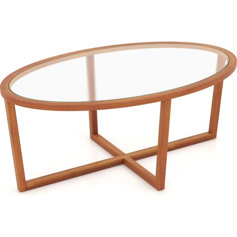 Tavolino da caffè in vetro per spazi piccoli, Tavolino da centro ovale per soggiorno con base a croce e gambe in legno di acacia Naturale (1/4)