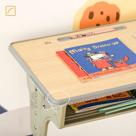 Bureau et chaise enfant 6-12 ans, table d'étude réglable en hauteur avec compartiment de rangement et porte-stylos, acier et MDF, finition bois (1/5)