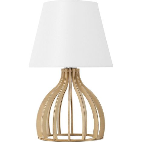Lampe de Table Déco Blanche en Bois et Tissu avec Support Type Cage E27 Max 40W pour Chambre Table de Chevet ou Salon au Design Scandinave Beliani (1/5)