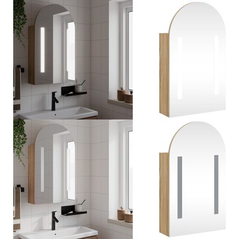 Mueble de baño con espejo arqueado y luz LED roble 42x13x70 cm - Armario de baño con luz LED - Espejo arqueado