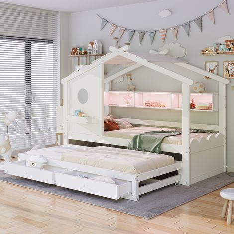 Lit cabane 1 place, lit enfant 90 x 200 cm avec lit gigogne 90 x 190 cm, design maison, avec 2 tiroirs, ports USB et Type-C, éclairage LED, étagères et rangements – Blanc