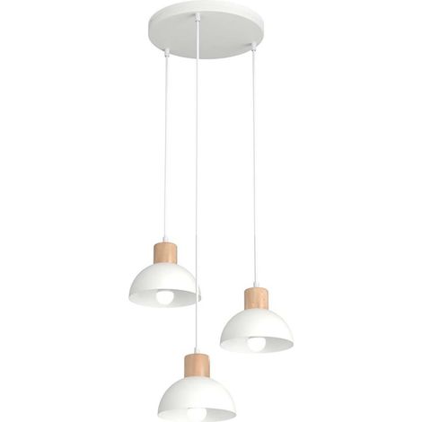 Sospensione Nordica 3 Luci Seco Base Tonda In Acciaio Bianco E Legno Naturale