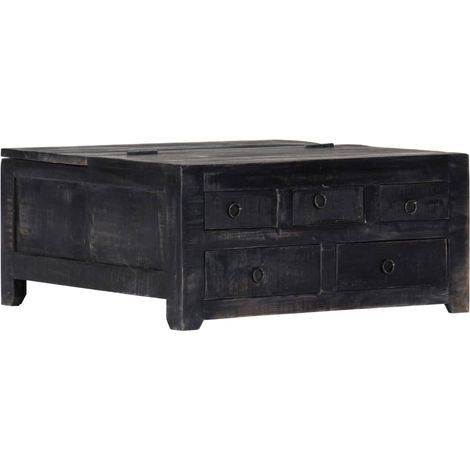 Mesa de centro cuadrada vintage de diseño industrial en madera maciza de mango negro con 5 cajones y tapa elevable DEC039726