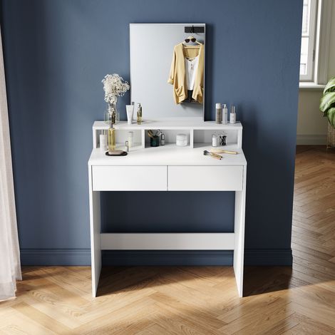 ELEGANT Modern Dressing Table Makeup Vanity Table with Brightness Mirror, 2 Drawers and Open shelves for Bedroom, Dresser Single Table (1/5)