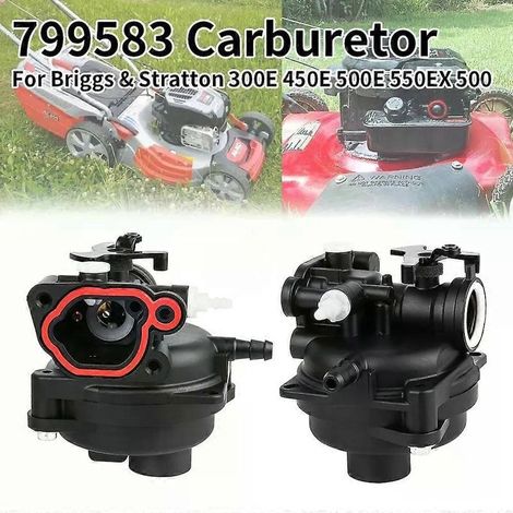Carburateur 799583 593261 pour tondeuses à gazon Briggs & Stratton 300E, 450E, 500E, 550EX, 500 (125 cm³, 140 cm³). Compatible avec les références 591979, 591160 et 590556. (1/5)
