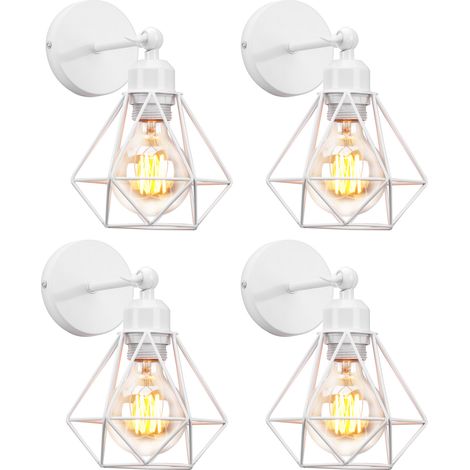 Lampada da Parete Interni, Industriale Stile Applique in Metallo, Illuminazione da Parete Gabbia Diamante Regolabile 180° per Soggiorno Camera da Letto Corridoio (4X Bianco)