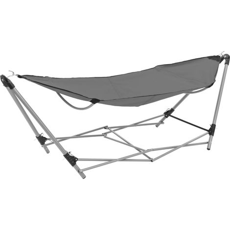 Hamac Pliable Gris 241 cm. Avec support. Pour de longues siestes au jardin ou dans la véranda (1/5)