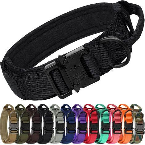 Collier tactique pour chien, collier militaire robuste et réglable, comprend deux écussons d'entraînement, noir, taille L. (1/5)