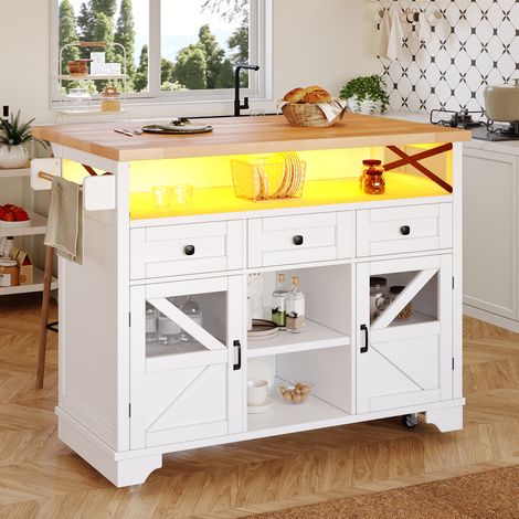 Multifunktionaler Küchenwagen mit App LED und Klapptisch Mobile Kücheninsel, Bar, Sideboard mit Stauraum Servierwagen Rollbar mit drei Schubladen und zwei Schranktüren (1/5)