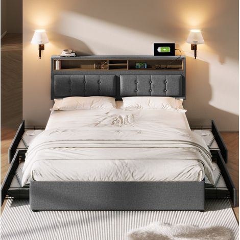 Bett Doppelbett Stauraum 160x200 Leinen Grau OKMYHOME