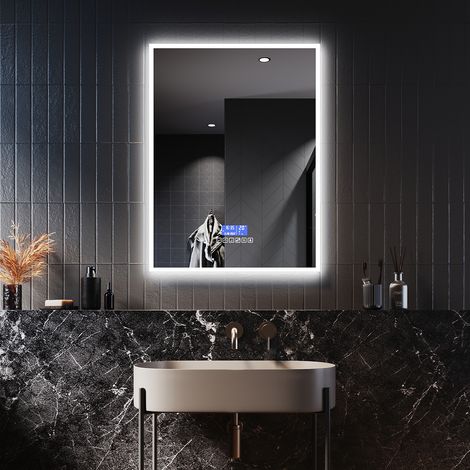 ELEGANT Bathroom LED Mirror with Shaver Socket Backlit Wall Mounted Bathroom Mirror with Bluetooth Clock DateDemister Pad 600x800 For Shaving Makeup (1/5)