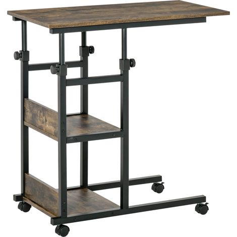 Table basse / table d'appoint, salon, plateau design, rangement caché, cadre métallique, réglable en hauteur, roulettes, 82 cm, 72-82 cm, marron (1/5)