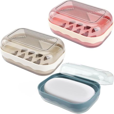 3-teiliges Reise-Seifenschalen-Set, tragbare Seifenbox, auslaufsichere und versiegelte Seifenbehälter für Reisen, Zuhause, Badezimmer und Camping (Blau, Grau-Weiß, Rosa), Kunststoff, 12,8 x 8,8 x 5,5 (1/5)