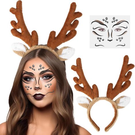Serre Tete de Renne Noel, Cerf Tete Noel, Tatouage Visage de Cerf, Bandeau en Bois de Cerf Accessoires Cheveux Noel pour Femme, Accessoires Costume pour Fete de Noel, Cosplay, Mascarade (1/5)