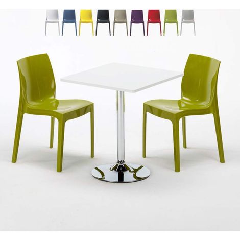 Table Carrée Blanche 70x70cm Avec 2 Chaises Colorées Grand Soleil Set Intérieur Bar Café Ice Cocktail - Vert (1/5)