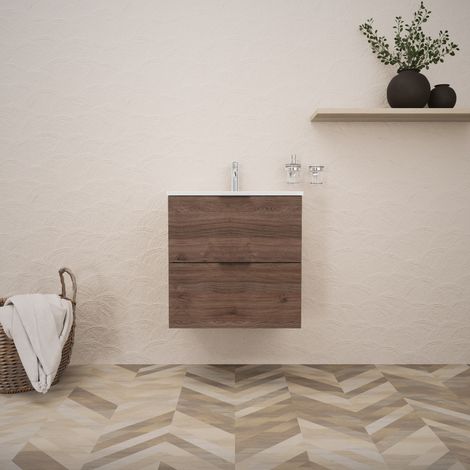 Inda - Badezimmerschrank B.60 mit glänzendem Waschbecken / Braune Eiche 2 Schubladen - Topazio