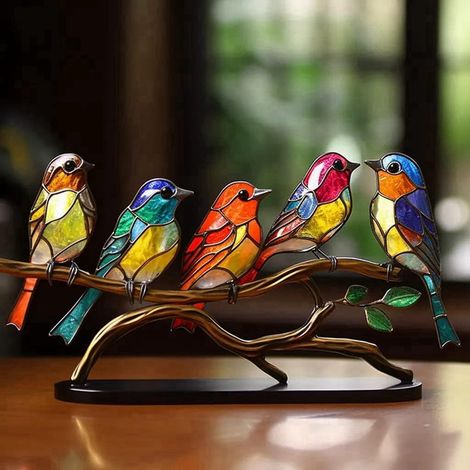 Oiseau En Métal - Décoration De Bureau Double Face - Oiseau Colibri Avec Vitraux - Ornement Intérieur - 1 Pièce (1/5)