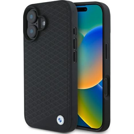 Custodia rigida nera/nera per iPhone 16 6.1" BMW BMHMP16S23RDDK con logo in metallo e diamante, in pelle, con scritta "Sign Leather Diamond" e MagSafe. (1/5)