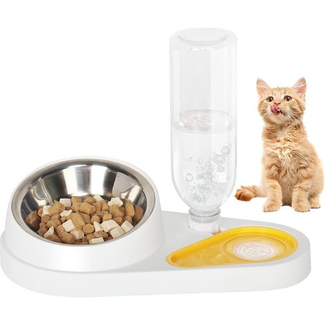 Gamelles double inclinées 15° pour chat et chien, eau et croquettes avec distributeur automatique, mangeoire (1/5)