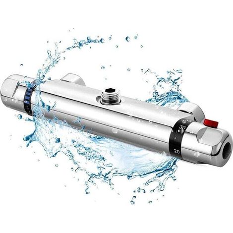Robinet de douche avec thermostat, mitigeur thermostatique de douche thermostatique avec bouton de sécurité 38 °C, robinet de douche thermostatique en saillie chromé, laiton