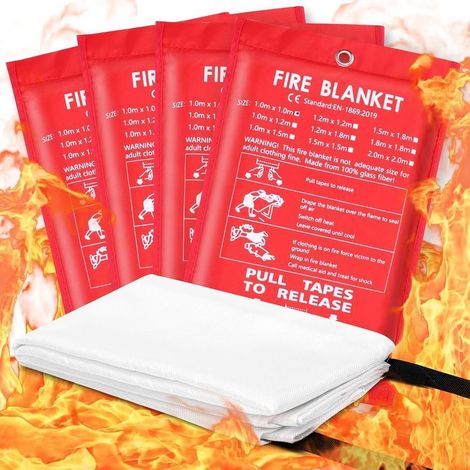 4er-Set Feuerlöschdecken für die Küche, entspricht der Norm DIN EN 1869:2019, 1 m x 1 m große Fiberglas-Feuerlöschdecke für Fettbrände, Autos, Schulen, Kamine, Grills und mehr (1/5)