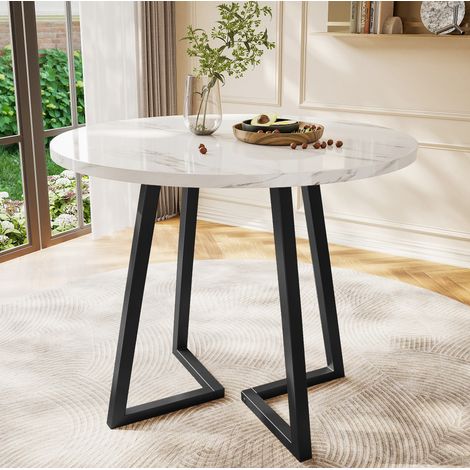 Mesa de comedor redonda 80x75 cm blanca en MDF y metal con acabado marmoleado y patas regulables (1/5)