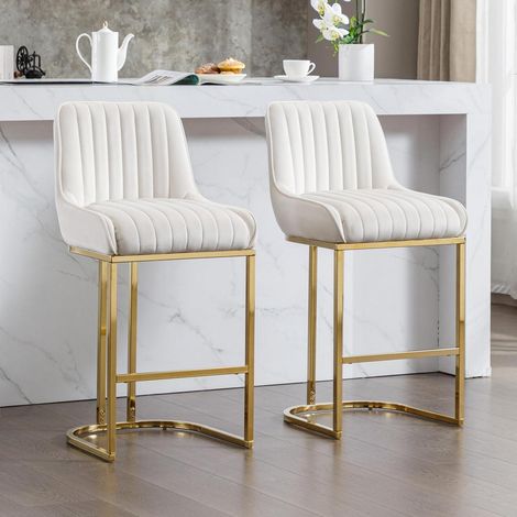 Barhocker 2er Set Samt mit Rückenlehne und goldenem Metallbein, Weiß (1/5)