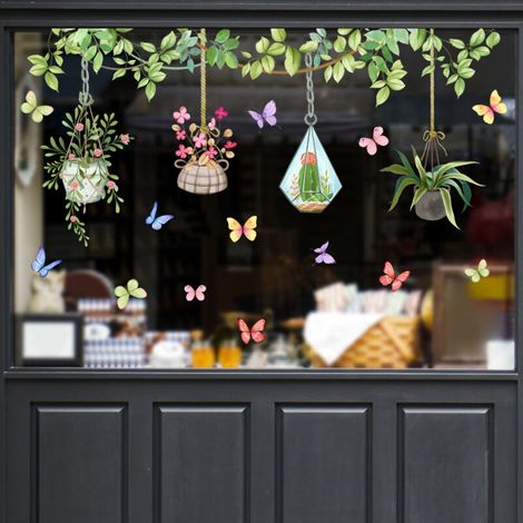 Lntyq Autocollants de Fenêtre Papillon et Fleurs Stickers Muraux Plantes Vertes Deco Stickers Salle de Bain Cuisine Chambre Bébé Décoration