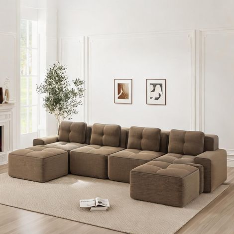 Sofa modulaire en tissu cordon marron 4 places en U en corduroy (1/5)