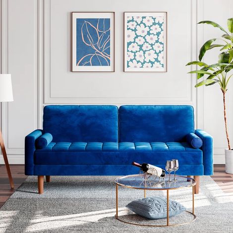 Keepbuying – Canapé droit 2 places en velours bleu – Accoudoirs roulés – Dimensions 148 x 78 x 85 cm – Confort moyen – Montage facile en 10 minutes