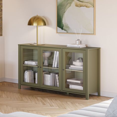 Buffet 3 portes vitrées 142x40x80 cm en pin kaki - VIKZA