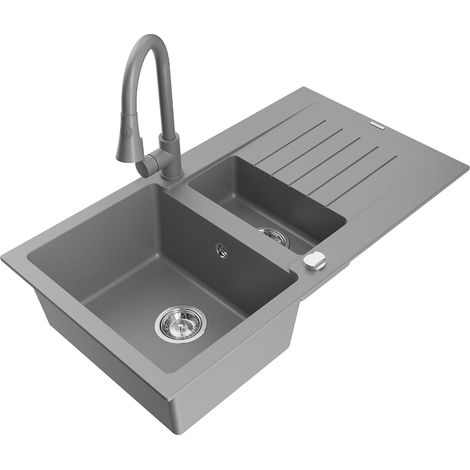 Mexen Matias fregadero de granito de 1,5 senos con escurridor y grifo de cocina Elia, gris - 6502-71-670101-71 (1/5)