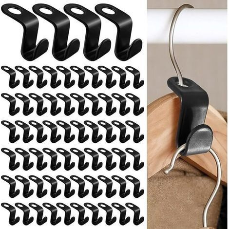 100 Pièces Crochet pour Cintres gain de Place Crochet de Connexion de Cintre, Mini Cintres en Cascade Organisateur pour la Penderie Super pour un gain de place dans son dressing (Noir) (1/4)