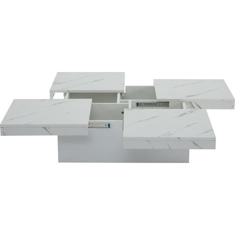 Table basse carrée blanche avec plateau effet marbre et 4 tiroirs, 90 x 90 x 25 cm (1/5)