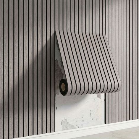 Papier Peint Adhésif Imitation Bois Grillage, Autocollant Mural 3D à Rainures Quadrillées, Rouleau de Revêtement Décoratif Style Pin Clair