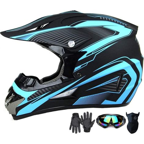 Casque VTT motocross avec visière, lunettes et gants, bleu et noir, taille L adulte, protection pour vélo et moto