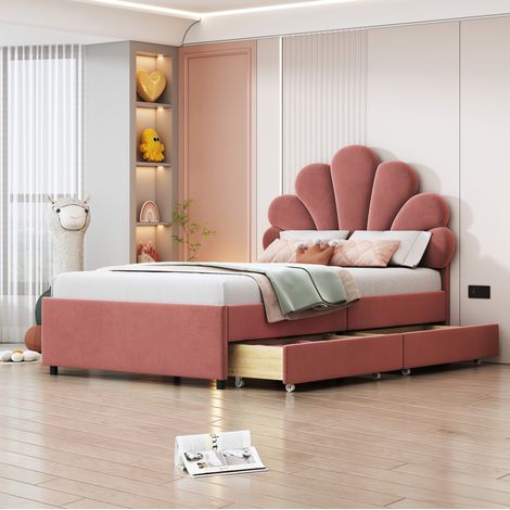 Letto imbottito 90 x 200 cm rosa in velluto con 2 cassetti e testiera a petali (1/5)