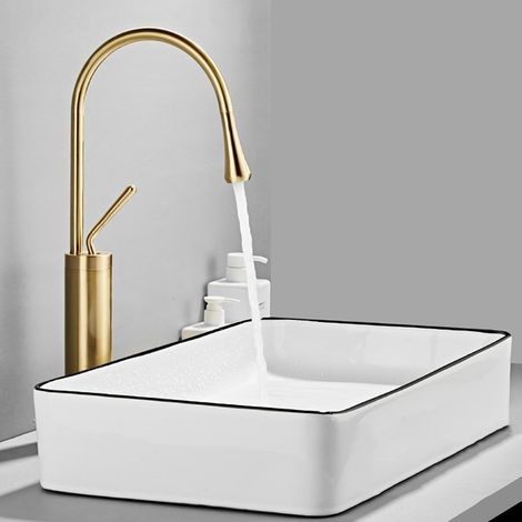 Ikodm – Robinet de lave-mains en cuivre doré – Hauteur 460 mm – Bec rotatif 360° – Installation facile avec tuyaux inclus (1/2)