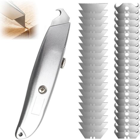 Teppichmesser Set mit 20 Trapez- & 20 Hakenklingen, Aluminium, Selbstverriegelung
