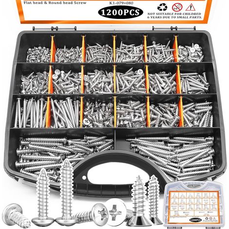 Kit d'assortiment de vis en bois de 1200PCS, vis en acier inoxydable 304 assorties M3/M4/M5/M6, ‌Phillips Drive Sheet Metal Self Tapping Screw Set Marine Grade(Pan Flat Head Screw)Longueur 1/4" à 2"