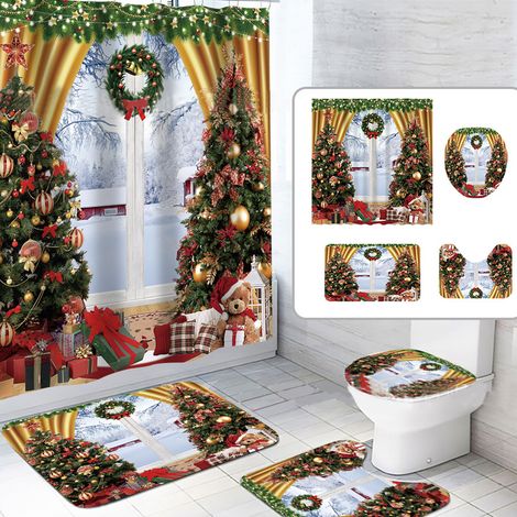 Juego de 4 cortinas de ducha navideñas con diseño de árbol/regalo y fondo nevado + alfombrilla antideslizante, 12 ganchos (1/4)