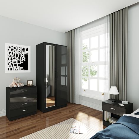 ELEGANT Bedroom Furniture Wardrobe Set 2 Soft Close Doors High Gloss Wardrobe with Mirror and 4 Drawer Chest and Bedside Cabinet, Black