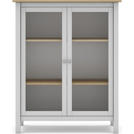 Vitrine en pin massif chêne et blanc, meuble de rangement avec 2 portes - Longueur 90 x Profondeur 40 x Hauteur 110 cm -PEGANE- (1/4)